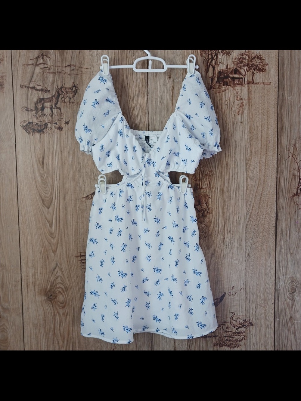 H&M divided cut-out White Mini Dress with Blue Floral Print